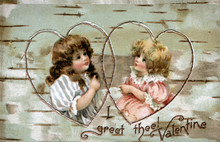 Two Children, 1800s, Enclosed In Heart Shapes, On Wood Grain Background. Vintage Valentine Postcard Greeting Card