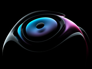 Wall Mural - 3d render of abstract art 3d background with part of 3d ball in organic curve round smooth and soft bio form in black glossy plastic material with matte parts in blue and red gradient color on black 