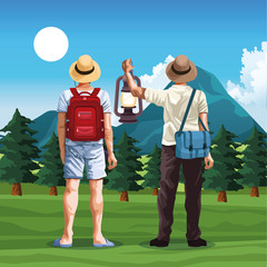 Wall Mural - travelers men in nature landscape with mountains and trees, colorful design