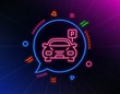© blankstock - Car parking line icon. Neon laser lights. Auto park sign. Transport place symbol. Glow laser speech bubble. Neon lights chat bubble. Banner badge with parking icon. Vector