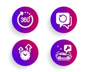 Time management, 360 degrees and Recovery data icons simple set. Halftone dots button. Car service sign. Office clock, Panoramic view, Backup info. Repair service. Technology set. Vector