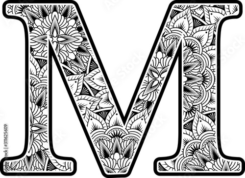 Download capital letter m with abstract flowers ornaments in black ...