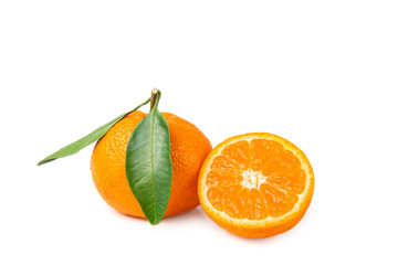 Fresh, bright fruits. Tangerines with leaf on a white isolated background.