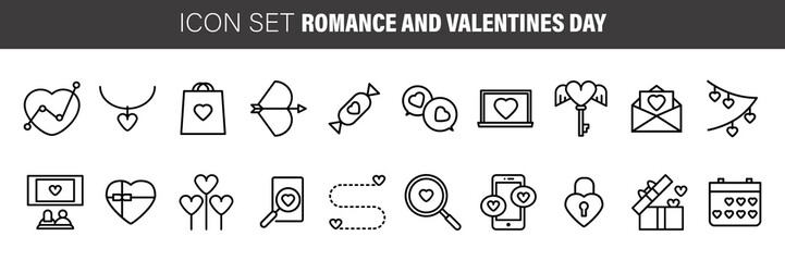 Wall Mural - Valentine s day and day romance icon set. Romantic design elements isolated on white. Thin line version.