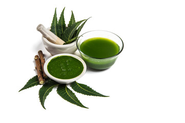 Wall Mural - Medicinal Neem leaves in mortar and pestle with neem paste, juice and twigs on white background