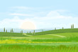 Cartoon Nature landscape background of green hills with skyline, Panorama lanscape of Fresh green field and wavvy of mountains with blue sky and fulffy clouds.Vector illustration