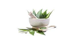 Medicinal Neem Leaves In Mortar And Pestle With Neem Paste On White Background
