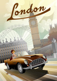 Fototapeta Londyn - A young girl driving a retro car on the background of nglish houses and the Big Ben in London.