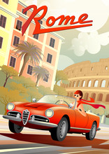 A Young Girl Driving A Retro Car On The Background Of Roman Houses And The Coliseum.
