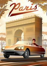 Girl Driving A Retro Car In Paris And The Arc De Triomphe On The Background.