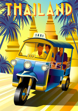 Tourists In A Traditional Tuk Tuk Taxi At A Sightseeing Tour In Thailand.