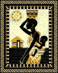 African woman in traditional dress with a baby on her back and a vessel on her head.