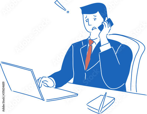 オフィスデスクでパソコンの画面を見ながらスマホ電話で会話中 困惑する会社員男性の上半身イラスト Vector De Stock Adobe Stock オフィスデスクでパソコンの画面を見ながらスマホ電話で会話中 困惑する会社員男性の上半身イラスト Vector De Stock Adobe Stock