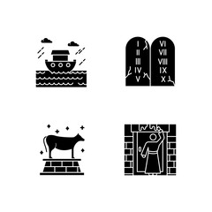 Poster - Bible narratives glyph icons set. The passover, the flood myths, ten commandments. Christian religion, holy book scenes. Biblical stories plot. Silhouette symbols. Vector isolated illustration