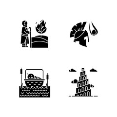 Wall Mural - Bible narratives glyph icons set. The birth of Moses, David and Goliath, Babel tower myths. Religious legends. Christian religion, holy book scenes. Silhouette symbols. Vector isolated illustration