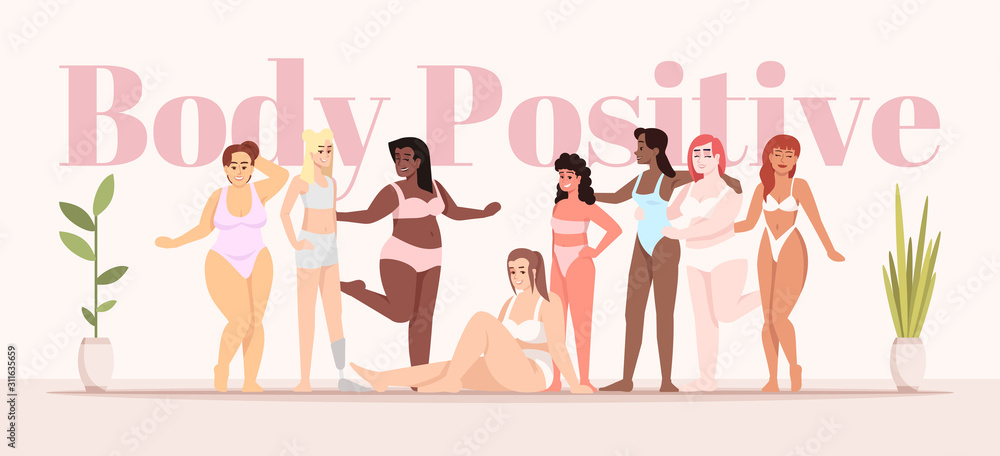 Body positive flat poster vector template. Smiling ladies of different ...