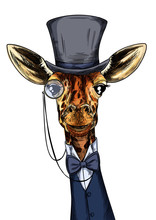 Elegant Giraffe Dressed In Suit, Monocle And Hat