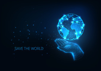 Wall Mural - futuristic environment global protection concept with glow low poly human hand holding planet earth