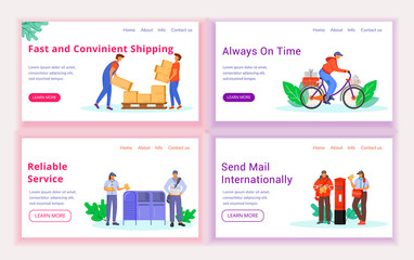 Wall Mural - Post service delivery landing page vector template set. Shipping website interface idea with flat illustrations. Male, female uniform in UK and USA homepage layout, web banner, webpage cartoon concept