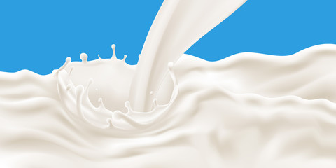 Splashing and flowing milk wave on blue background. Vector illustration for poster, brochure, label and product ad desing