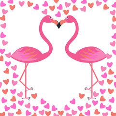 Two pink flamingos with hearts