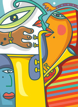 Face Jazz Art, Abstract Trumpet And Saxophone (Vector Art)