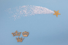 Epiphany, Symbolized By Three Crowns On Blue Background. Three King's Day
