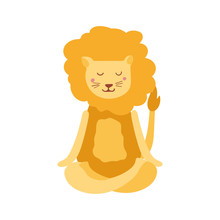 Cartoon Lion Performing Yoga Exercise. Cartoon Character Sitting In Lotus Posture And Meditating Vipassana