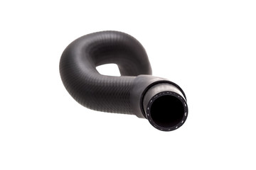 radiator pipe made of black hard rubber new car spare part isolated on white background end view in the middle of the pipe.