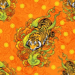 Wall Mural - tiger walk in cloud illustration doodle tattoo style seamless pattern with orange yellow background 