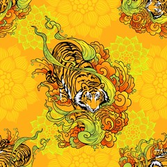 Wall Mural - tiger walk in cloud illustration doodle tattoo style seamless pattern with orange yellow mandala background 