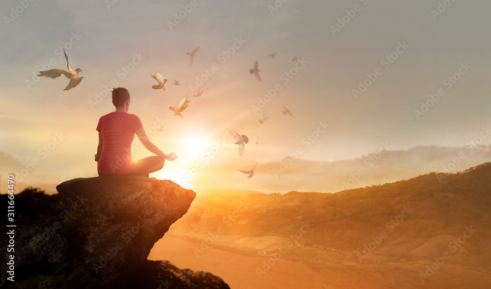 Woman practices meditating and praying with free bird enjoying nature on the mountain sunset background, hope and faith concept. - obrazy, fototapety, plakaty 