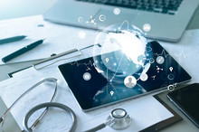 Medical Global Networking And Healthcare Global Network Connection On Tablet, Medical Technology.