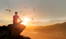 Woman Practices Meditating And Praying With Free Bird Enjoying Nature On The Mountain Sunset Background, Hope And Faith Concept.