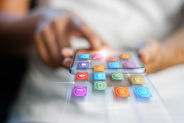 Leinwandbilder - Hands using mobile payments, Digital marketing, Banking network. Online shopping and icon customer networking connection on virtual screen, Business technology concept