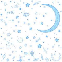 Wall Mural - crescent moon with cosmic elements on white. abstract signs on isolation background. moon and stars 