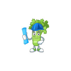 Poster - Cheerful Architect celery plant cartoon character having blue prints