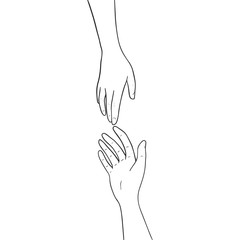 Two hands are drawn to each other. Outline hands isolated on white background. Vector illustration