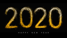 Happy New Year 2020 By Gold Glitter And Light Lines On Black Background For Greeting Card Design Template, Party Poster, Banner Or Background.