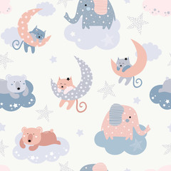 Wall Mural - Cute seamless pattern with cats, elephants, bears