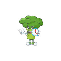 Sticker - Happy green broccoli cartoon mascot style with clock