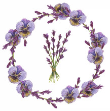Watercolor Wreath Of Lavender Flowers And Violet Pansies. In The Center Is A Bouquet Of Dried Flowers.