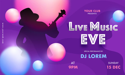 Sticker - Music Event Invitation, Flyer Design with Silhouette Guy Playing Guitar and 3D Sphere Decorated on Purple Abstract Background.