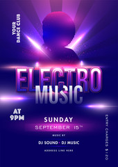 Sticker - Electro Music Template or Flyer design with Silhouette Woman and Event Details on Lighting Effect Purple Rays background.