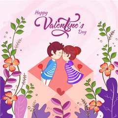 Sticker - Romantic Kids Couple in Open Envelope with Floral Decorated Happy Valentine's Day Greeting Card Design.