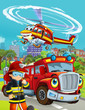 © honeyflavour - cartoon scene with fireman vehicle on the road driving through the city and helicopter flying over and fireman standing near - illustration for children