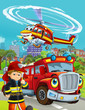 © honeyflavour - cartoon scene with fireman vehicle on the road driving through the city and helicopter flying over and fireman standing near - illustration for children