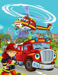 © honeyflavour - cartoon scene with fireman vehicle on the road driving through the city and helicopter flying over and fireman standing near - illustration for children