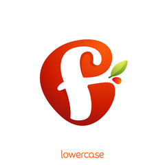 Lowercase letter f logo in fresh juice splash with green leaf.