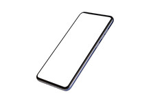 Tilted View Of Smartphone With Empty Screen Isolated On White Background With Clipping Path, Smartphone Mockup